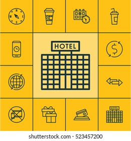 Set Of 12 Airport Icons. Can Be Used For Web, Mobile, UI And Infographic Design. Includes Elements Such As Device, Present, Appointment And More.