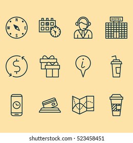 Set Of 12 Airport Icons. Can Be Used For Web, Mobile, UI And Infographic Design. Includes Elements Such As Drink, Time, Appointment And More.