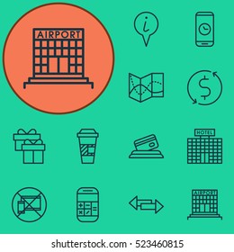 Set Of 12 Airport Icons. Can Be Used For Web, Mobile, UI And Infographic Design. Includes Elements Such As Cup, Calculation, Gift And More.