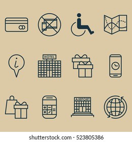 Set Of 12 Airport Icons. Can Be Used For Web, Mobile, UI And Infographic Design. Includes Elements Such As Around, Hotel, Construction And More.