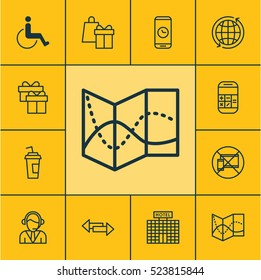 Set Of 12 Airport Icons. Can Be Used For Web, Mobile, UI And Infographic Design. Includes Elements Such As Gift, Travel, Hotel And More.