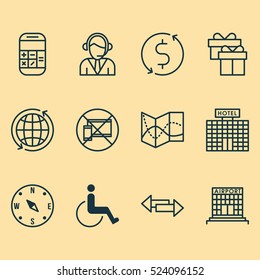 Set Of 12 Airport Icons. Can Be Used For Web, Mobile, UI And Infographic Design. Includes Elements Such As Device, No, Calculator And More.