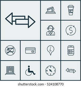 Set Of 12 Airport Icons. Can Be Used For Web, Mobile, UI And Infographic Design. Includes Elements Such As Coffee, Takeaway, Building And More.