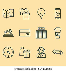Set Of 12 Airport Icons. Can Be Used For Web, Mobile, UI And Infographic Design. Includes Elements Such As Card, Direction, Credit And More.