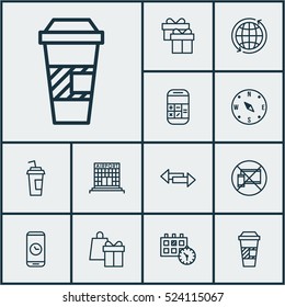 Set Of 12 Airport Icons. Can Be Used For Web, Mobile, UI And Infographic Design. Includes Elements Such As Drink, Math, Mobile And More.