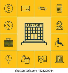 Set Of 12 Airport Icons. Can Be Used For Web, Mobile, UI And Infographic Design. Includes Elements Such As Shopping, Locate, Info Pointer And More.
