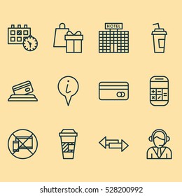 Set Of 12 Airport Icons. Can Be Used For Web, Mobile, UI And Infographic Design. Includes Elements Such As Drink Cup, Calculation, Resort Development And More.
