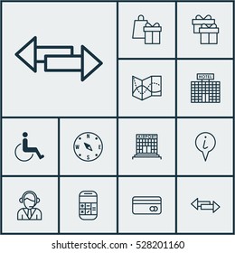 Set Of 12 Airport Icons. Can Be Used For Web, Mobile, UI And Infographic Design. Includes Elements Such As Plastic Card, Operator, Accessibility And More.