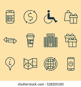 Set Of 12 Airport Icons. Can Be Used For Web, Mobile, UI And Infographic Design. Includes Elements Such As World, Accessibility, Calculation And More.