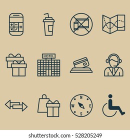 Set Of 12 Airport Icons. Can Be Used For Web, Mobile, UI And Infographic Design. Includes Elements Such As Road Map, Shopping, Locate And More.