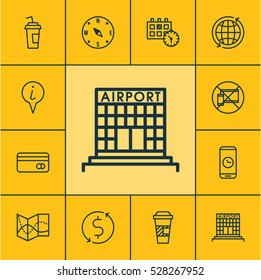 Set Of 12 Airport Icons. Can Be Used For Web, Mobile, UI And Infographic Design. Includes Elements Such As Info Pointer, Takeaway Coffee, Money Trasnfer And More.