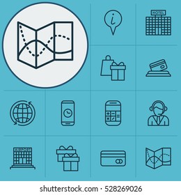 Set Of 12 Airport Icons. Can Be Used For Web, Mobile, UI And Infographic Design. Includes Elements Such As Credit Card, World, Road Map And More.