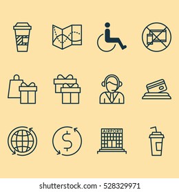 Set Of 12 Airport Icons. Can Be Used For Web, Mobile, UI And Infographic Design. Includes Elements Such As Present, Accessibility, World And More.