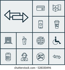 Set Of 12 Airport Icons. Can Be Used For Web, Mobile, UI And Infographic Design. Includes Elements Such As Crossroad, Drink Cup, Call Duration And More.