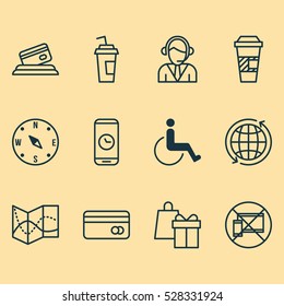 Set Of 12 Airport Icons. Can Be Used For Web, Mobile, UI And Infographic Design. Includes Elements Such As Road Map, Locate, Takeaway Coffee And More.