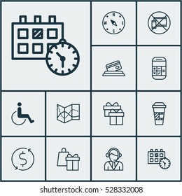 Set Of 12 Airport Icons. Can Be Used For Web, Mobile, UI And Infographic Design. Includes Elements Such As Accessibility, Locate, Appointment And More.