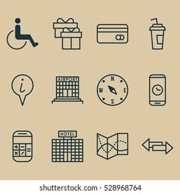 Set Of 12 Airport Icons. Can Be Used For Web, Mobile, UI And Infographic Design. Includes Elements Such As Accessibility, Call Duration, Crossroad And More.