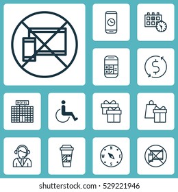 Set Of 12 Airport Icons. Can Be Used For Web, Mobile, UI And Infographic Design. Includes Elements Such As Forbidden Mobile, Calculation, Accessibility And More.