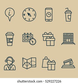 Set Of 12 Airport Icons. Can Be Used For Web, Mobile, UI And Infographic Design. Includes Elements Such As Takeaway Coffee, Airfield Manufacture, Appointment And More.