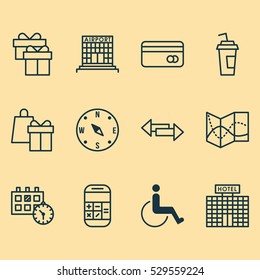 Set Of 12 Airport Icons. Can Be Used For Web, Mobile, UI And Infographic Design. Includes Elements Such As Plastic Card, Road Map, Resort Development And More.