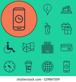 Set Of 12 Airport Icons. Can Be Used For Web, Mobile, UI And Infographic Design. Includes Elements Such As Accessibility, Info Pointer, Locate And More.