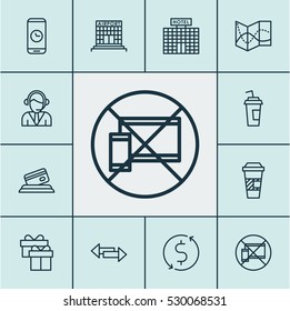 Set Of 12 Airport Icons. Can Be Used For Web, Mobile, UI And Infographic Design. Includes Elements Such As Forbidden Mobile, Airfield Manufacture, Money Trasnfer And More.