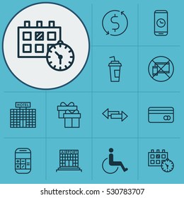Set Of 12 Airport Icons. Can Be Used For Web, Mobile, UI And Infographic Design. Includes Elements Such As Appointment, Drink Cup, Accessibility And More.