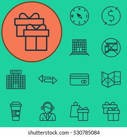 Set Of 12 Airport Icons. Can Be Used For Web, Mobile, UI And Infographic Design. Includes Elements Such As Forbidden Mobile, Takeaway Coffee, Present And More.