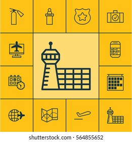 Set Of 12 Airport Icons. Includes Airport Building, Road Map, Fire Extinguisher And Other Symbols. Beautiful Design Elements.