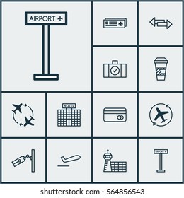 Set Of 12 Airport Icons. Includes Takeaway Coffee, Luggage Scanner, Airplane Information And Other Symbols. Beautiful Design Elements.