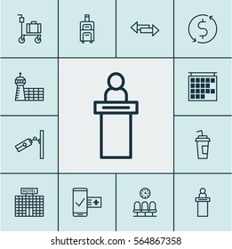 Set Of 12 Airport Icons. Includes Drink Cup, Seats, Luggage And Other Symbols. Beautiful Design Elements.