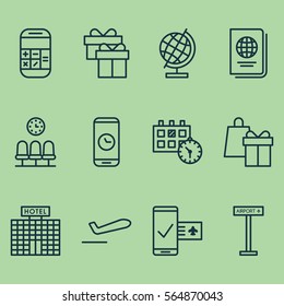 Set Of 12 Airport Icons. Includes World Sphere, Shopping, Identification Document And Other Symbols. Beautiful Design Elements.