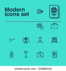 Set Of 12 Airport Icons. Includes Baggage Research, Money Trasnfer, Worldwide Flight And Other Symbols. Beautiful Design Elements.
