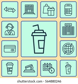 Set Of 12 Airport Icons. Includes Credit Card, World, Drink Cup And Other Symbols. Beautiful Design Elements.