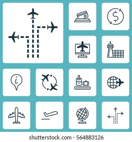 Set Of 12 Airport Icons. Includes Money Trasnfer, Airliner, Credit Card And Other Symbols. Beautiful Design Elements.