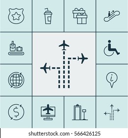 Set Of 12 Airport Icons. Includes Flight Path, Moving Staircase, Info Pointer And Other Symbols. Beautiful Design Elements.