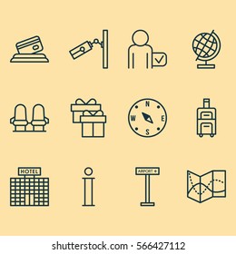 Set Of 12 Airport Icons. Includes Information, World Sphere, Luggage And Other Symbols. Beautiful Design Elements.