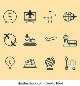 Set Of 12 Airport Icons. Includes Info Pointer, Credit Card, Flight Path And Other Symbols. Beautiful Design Elements.