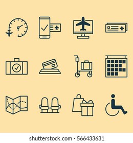 Set Of 12 Airport Icons. Includes Accessibility, Phone Reservation, Internet Ticket And Other Symbols. Beautiful Design Elements.