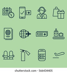 Set Of 12 Airport Icons. Includes Airport Card, Fire Extinguisher, Operator And Other Symbols. Beautiful Design Elements.