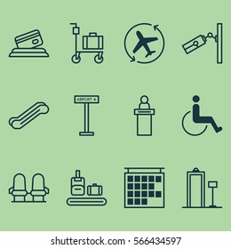 Set Of 12 Airport Icons. Includes Aircraft Arrow, Accessibility, Credit Card And Other Symbols. Beautiful Design Elements.