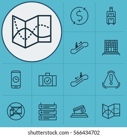 Set Of 12 Airport Icons. Includes Plane Schedule, Money Trasnfer, Airfield Manufacture And Other Symbols. Beautiful Design Elements.