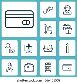 Set Of 12 Airport Icons. Includes Information, Calculation, Hostess And Other Symbols. Beautiful Design Elements.