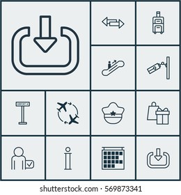 Set Of 12 Airport Icons. Includes Crossroad, Fly Around, Globetrotter And Other Symbols. Beautiful Design Elements.