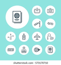 Set Of 12 Airport Icons. Includes Luggage, Worldwide Flight, Luggage Scanner And Other Symbols. Beautiful Design Elements.