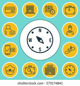 Set Of 12 Airport Icons. Includes Hostess, Globetrotter, Baggage Research And Other Symbols. Beautiful Design Elements.