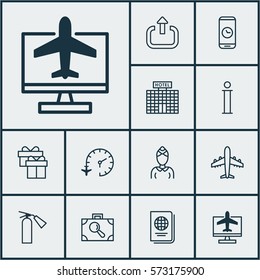 Set Of 12 Airport Icons. Includes Call Duration, Airliner, Baggage Research And Other Symbols. Beautiful Design Elements.