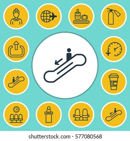 Set Of 12 Airport Icons. Includes Moving Staircase, Escalator Down, Briefcase Scanner And Other Symbols. Beautiful Design Elements.