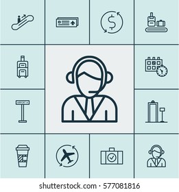 Set Of 12 Airport Icons. Includes Luggage, Briefcase Scanner, Moving Staircase And Other Symbols. Beautiful Design Elements.