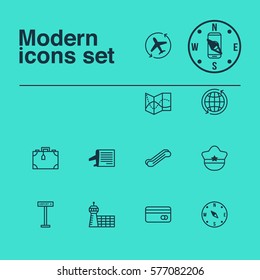 Set Of 12 Airport Icons. Includes Airport Building, Locate, Pilot Hat And Other Symbols. Beautiful Design Elements.